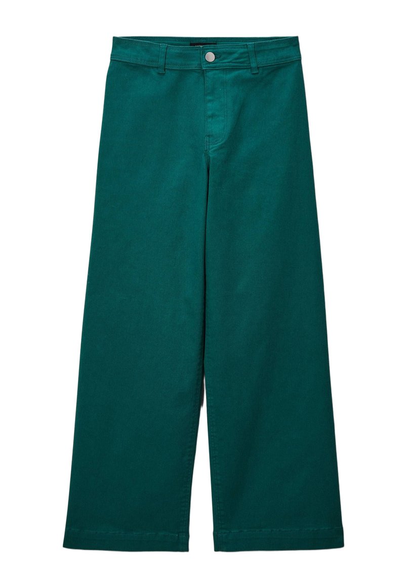 Pantalons larges turquoise en coton, avec une fermeture à bouton à l'avant et des passants de ceinture. Le tissu est lisse, d'une couleur unie et avec des coutures propres.