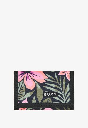 Roxy wallet with black fabric, featuring a floral pattern in pink and green. Contains a flap closure and a textured surface.