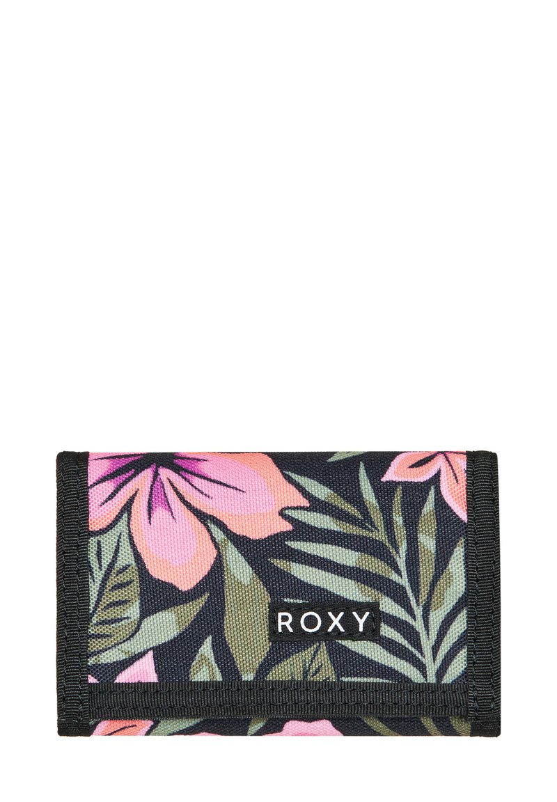 Portefeuille Roxy en tissu noir, avec un motif floral en rose et vert. Il possède une fermeture à rabat et une surface texturée.