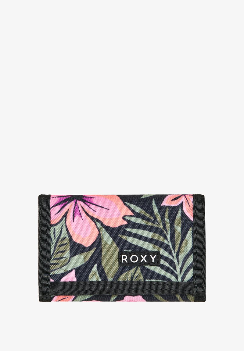 Portefeuille Roxy en tissu noir, avec un motif floral en rose et vert. Il possède une fermeture à rabat et une surface texturée.