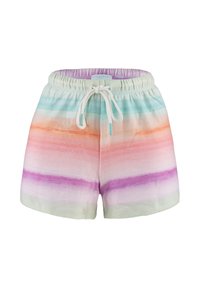 Pantalones cortos coloridos con un diseño degradado y rayas horizontales en tonos pastel de azul, rosa, naranja y púrpura. Cintura elástica con lazo.