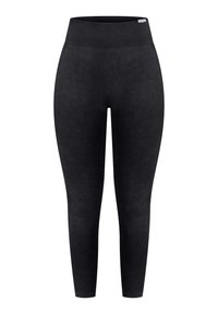 Leggings neri a vita alta realizzati in un morbido tessuto testurizzato con una finitura liscia e un delicato dettaglio a strisce sulla parte superiore delle gambe.