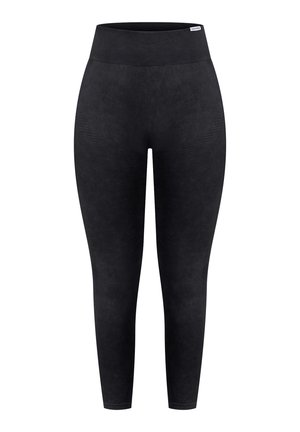 Schwarze, hochgeschnittene Leggings aus weichem, strukturiertem Stoff mit glatter Oberfläche und dezenten Streifen an den Oberschenkeln.