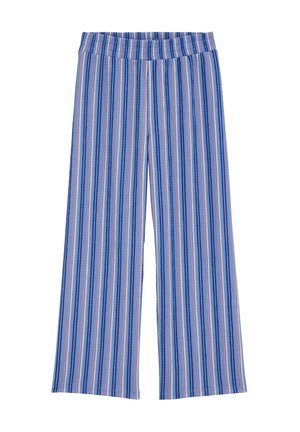Modré, ružové a biele široké nohavice s vertikálnymi pruhmi, s elastickým pásom, pletená textúrovaná látka.