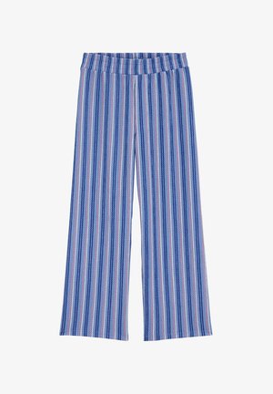 Pantaloni largi cu dungi verticale albastre, roz și albe, cu talie elastică, din țesătură tricotată cu textură.