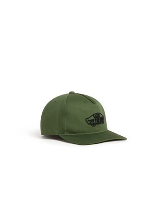 Olivengrøn Vans baseballkasket med buet skygge og sort broderet "Vans Off The Wall" logo foran.