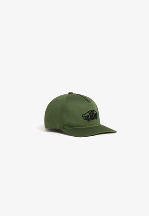 Olivengrøn Vans baseballkasket med buet skygge og sort broderet "Vans Off The Wall" logo foran.