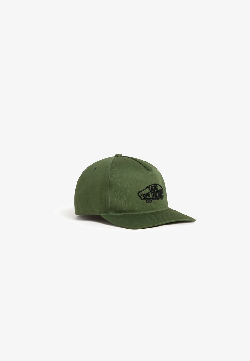 Casquette de baseball Vans vert olive avec visière incurvée et logo "Vans Off The Wall" noir brodé à l'avant.