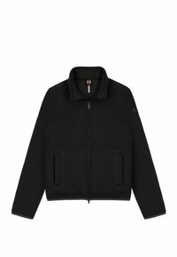 Melna ribota adīta zamšādas jaka ar augstu apkakli, divām priekšējām kabatām un logotipa uzšuvi uz piedurknes. Gluda tekstūra ar kontrastējošu apdari.