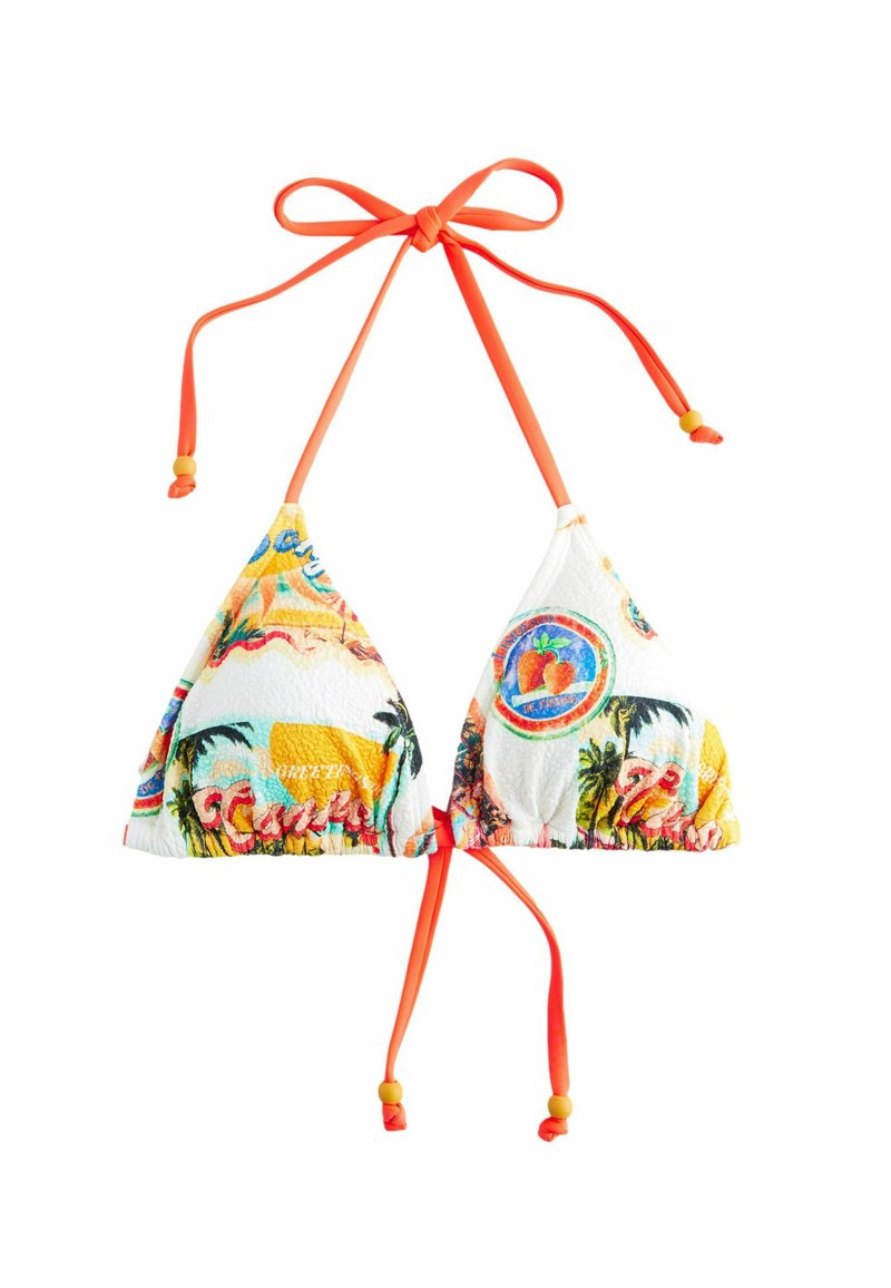 Triangular bikini top in white with multicolor tropical print. Features orange ties and textured fabric, accented with yellow beads.