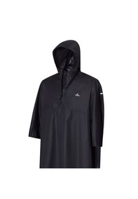 Zwarte regenponcho met een capuchon, korte mouwen, halflange rits aan de voorkant en logo op de borst. Gemaakt van glad, waterdicht materiaal.