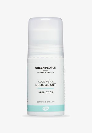 Aloe Vera-Deodorant in einem zylindrischen weißen Behälter mit einem klaren Deckel. Hat schwarzen Text und mintfarbene Akzente, gekennzeichnet mit "zertifiziert biologisch."