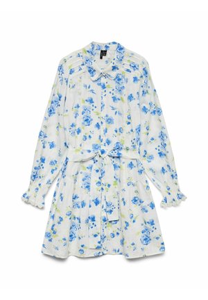 Kerge kangaga lilleline kleit sinise ja rohelise mustriga. Omab kaelust, pikki varrukaid, millel on volangid, ning kinnitatavat vööd.