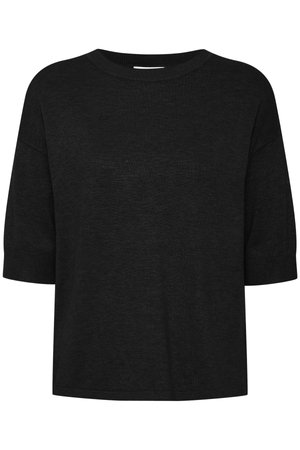 Pulover scurt negru cu mâneci scurte, cu un croi lejer, realizat dintr-un material texturat. Guler rotund și un design simplu, minimalist, fără modele.