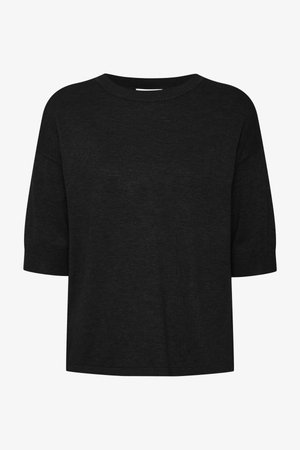 Pulover scurt negru cu mâneci scurte, cu un croi lejer, realizat dintr-un material texturat. Guler rotund și un design simplu, minimalist, fără modele.