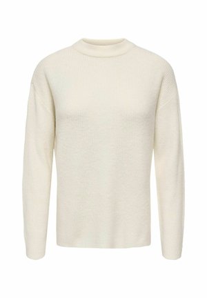 Lys krèmfarvet strikket sweater med høj hals, lange ærmer og ribbet tekstur. Simpelt design uden synlige mønstre eller accenter.