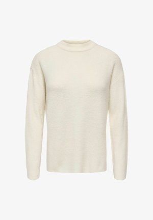 Hea kreemjas värvi kootud sviiter kõrge kaelusega, pikkade varrukatega ja soonikkoega. Lihtne disain, ilma nähtavate mustrite või aktsentideta.