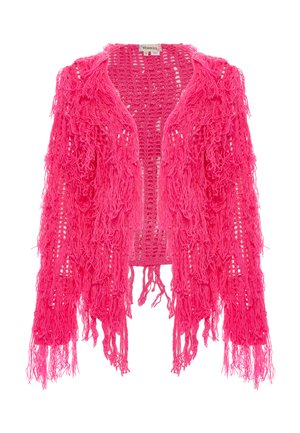 Fransen-Cardigan mit offenem Frontbereich, aus leuchtend pinkem Garn und einem locker gewebten Design, mit langen Quasten an den Kanten.