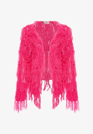 Fransen-Cardigan mit offenem Frontbereich, aus leuchtend pinkem Garn und einem locker gewebten Design, mit langen Quasten an den Kanten.