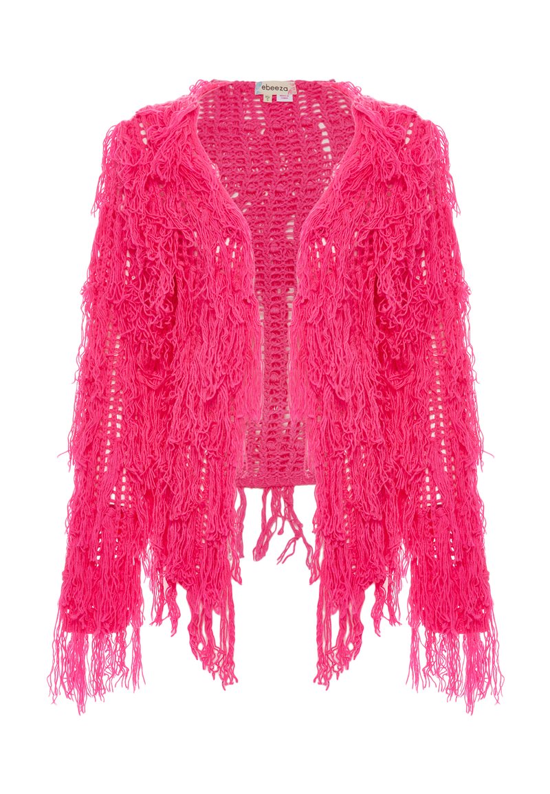 Fransad öppen cardigan i klart rosa garn med ett löst vävt mönster, med långa fransar längs kanterna.