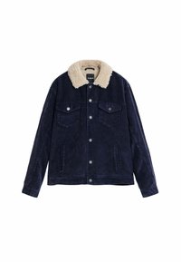 Mornarska ženska jakna od kordura s krem krznom od umjetnog ovčjeg krzna na ovratniku, dva džepa na prsima i gumbima od srebrne boje za zatvaranje.