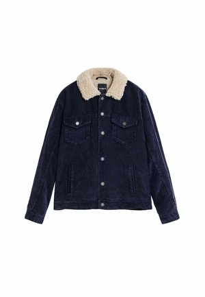 Mornarska ženska jakna od kordura s krem krznom od umjetnog ovčjeg krzna na ovratniku, dva džepa na prsima i gumbima od srebrne boje za zatvaranje.