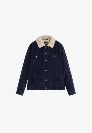 Mornarska ženska jakna od kordura s krem krznom od umjetnog ovčjeg krzna na ovratniku, dva džepa na prsima i gumbima od srebrne boje za zatvaranje.