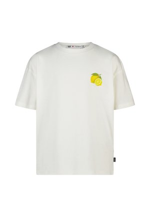 Witte T-shirt met korte mouwen met een kleine afbeelding van een citroen en een citroenschijfje op de linkerborst en een zwart zijlabel.