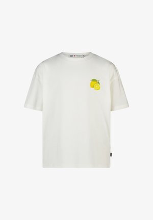 Witte T-shirt met korte mouwen met een kleine afbeelding van een citroen en een citroenschijfje op de linkerborst en een zwart zijlabel.