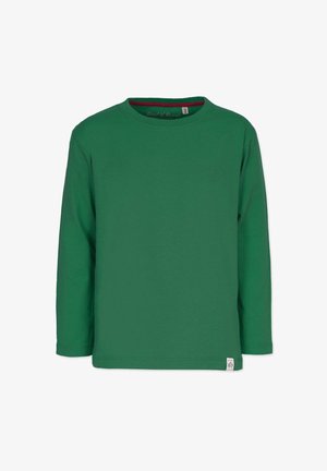 Grøn langærmet t-shirt lavet af bomuld. Har en rund halsudskæring og et lille vævet mærke på nederste venstre side.
