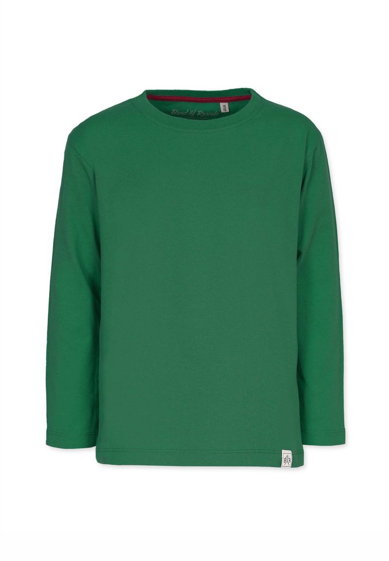 Grøn langærmet t-shirt lavet af bomuld. Har en rund halsudskæring og et lille vævet mærke på nederste venstre side.