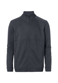 Giacca zip-up in un grigio scuro, con tessuto a trama, colletto alto e due tasche frontali. Presenta un logo sottile sul petto.