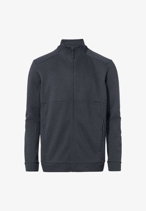 Veste zippée en charbon foncé avec un tissu texturé, un col haut et deux poches avant. Présente un logo discret sur la poitrine.