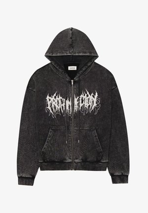 Black zip-up hoodie with a hood, featuring a textured fabric, front pockets, and white graphic lettering across the chest.