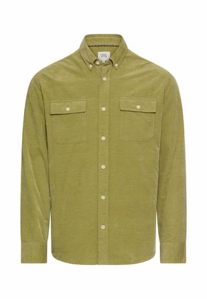 Olijfgroen corduroyhemd met lange mouwen, een button-down kraag en twee borstzakken. Bevat beige knopen en subtiele verticale strepen.