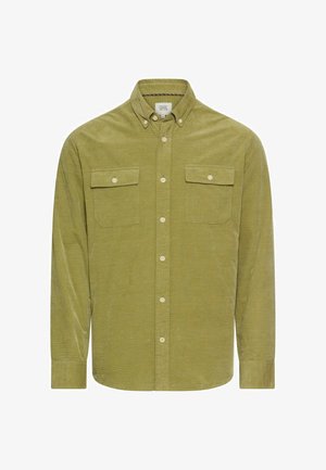 Oliven grøn fløjlsskjorte med lange ærmer, krave med knaplukning og to brystlommer. Har beige knapper og subtile lodrette striber.