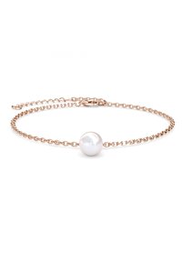 Bracciale a catena in oro rosa con una singola perla decorativa bianca, con un design a maglie delicate e chiusura regolabile.