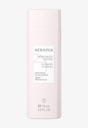 Kerasilk herstellende conditionerfles, lichtroze, gelabeld met "Moisturized Strong" en "Hydratés Fortifiés", 75 ml (2,5 fl. oz.).