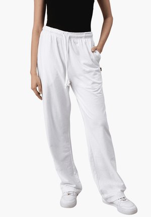 Weiße, leichte, locker sitzende Hose mit einem elastischen Bund und Kordelzug; ausgestattet mit Seitentaschen und glatter Textur.
