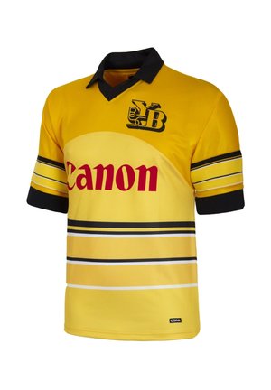 Geel, kort mouwtenue met een zwarte kraag. Heeft een rood "Canon"-logo en horizontale strepen in zwart en wit. Gemaakt van gladde stof.