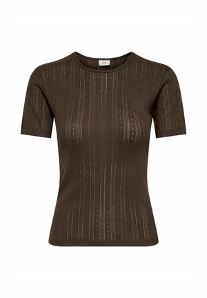 Dark brown short-sleeve knit top with vertical textured stripes and small perforated patterns, round neckline, and fitted silhouette.