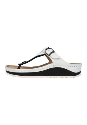 Witte en zwarte sleehak sandaal met teenriem, verstelbare gesp en gevoerde binnenzool, zijaanzicht op een witte achtergrond.