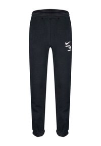 Pantaloni della tuta neri Nike con elastico in vita e sui polsini, caratterizzati da un logo Swoosh bianco e un design stilizzato sulla coscia destra.
