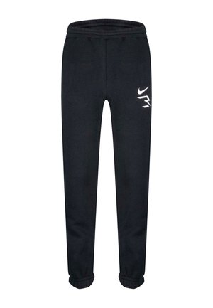 Zwarte Nike-sweatpants met een elastische tailleband en boorden, voorzien van een wit Nike-swooshlogo en een gestileerd ontwerp op de rechterdij.
