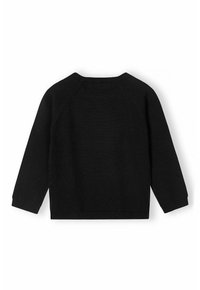 Maglione nero lavorato a maglia con maniche lunghe a raglan, scollatura rotonda e polsini e orlo a coste. Texture liscia, design semplice, colore solido.
