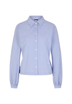 Blue and white striped button-up shirt with a classic collar, long sleeves, and gathered cuffs, made from lightweight fabric.