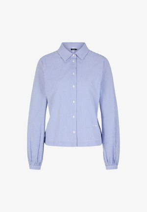 Blauw-wit gestreepte button-up shirt met een klassieke kraag, lange mouwen en gathered cuffs, gemaakt van lichtgewicht stof.