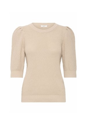 Bežs adīts džemperis ar īsiem pūkainiem piedurknēm, noapaļotu kakla izgriezumu, teksturētu rakstu, kā arī ribotiem piedurknēm un apakšmalu. Mīksta, vidēji smaga auduma.