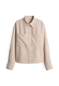 Camicia beige con colletto, maniche lunghe, due tasche frontali, realizzata in tessuto testurizzato, con orlo dritto e design minimalista.
