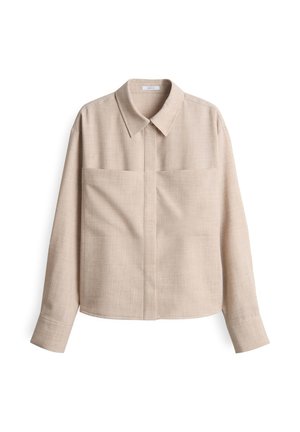Beige Hemd mit Kragen und langen Ärmeln, zwei Fronttaschen, aus strukturiertem Stoff, mit geradem Saum und minimalistischem Design.
